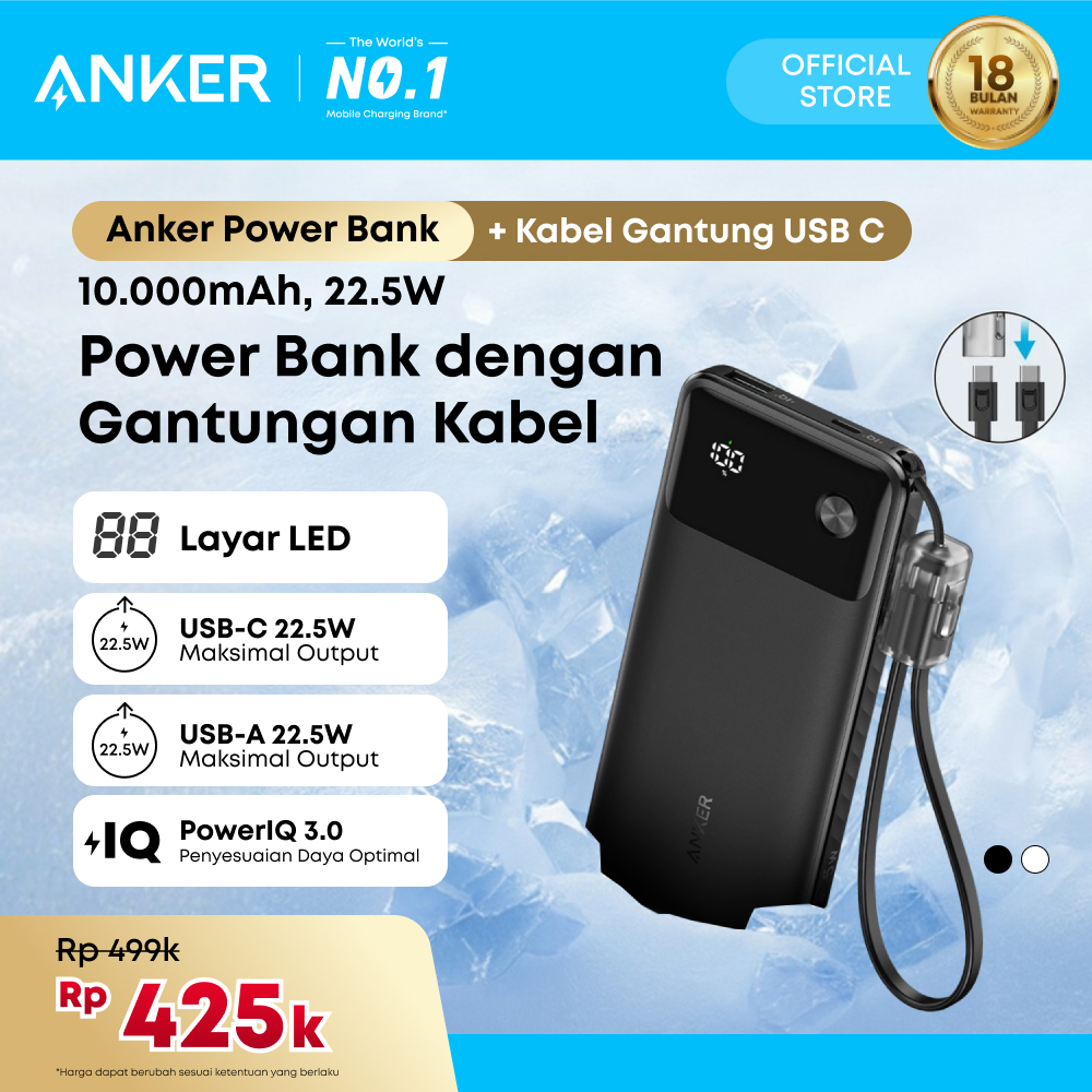 Anker Power Bank 10.000Mah 20.000Mah PD Built-in Cable Type C Type A Fast Charging 22.5w 30w - A1388