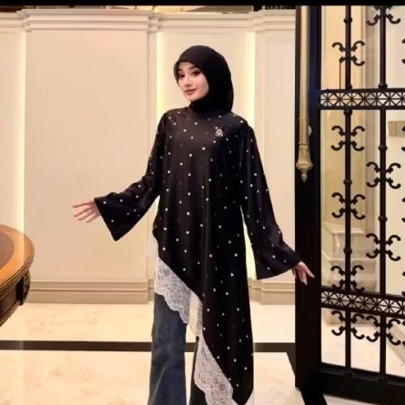 SHELLASAUKIA TUNIK POLKADOT RENDA HITAM ORIGINAL SHELLASAUKIA