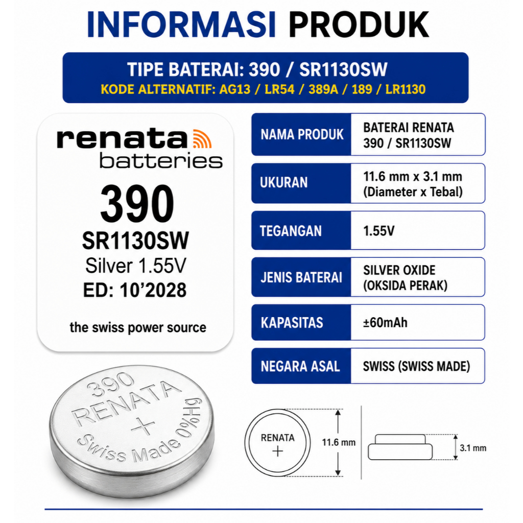Batre jam tangan swatch battery RENATA 390 SR1130SW original