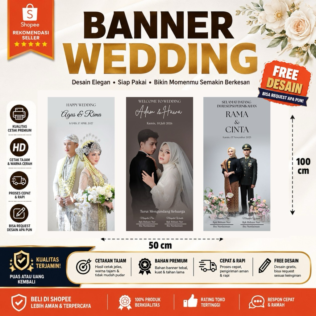 Banner Wedding Welcome Sign 50x100 cm | Banner Pernikahan Custom Foto | Standing Banner Nikah Flexi 