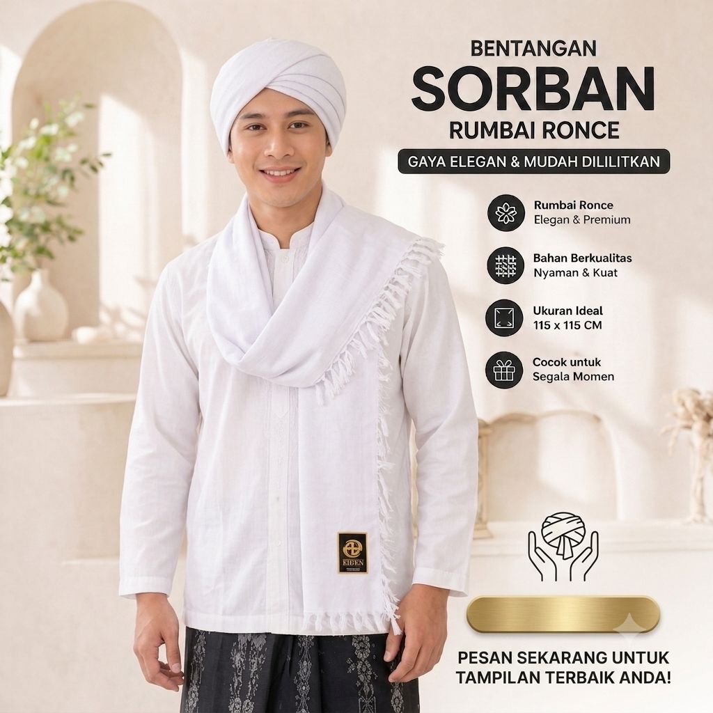 Sorban Shemagh Keffiyeh Santri Habib Premium Surban Kotak Putih Polos Dewasa Kuncir Rumbai Tebal Ade