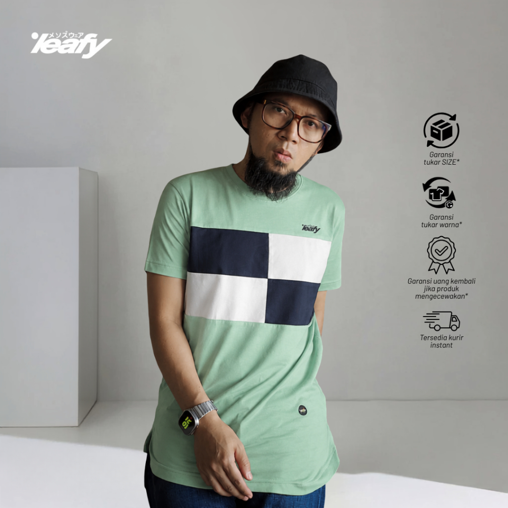 LEAFY - AL 020 Baju Kaos Pria Kombinasi Lengan Pendek Bahan Katun Anti Bakteri | Atasan Cowok Casual