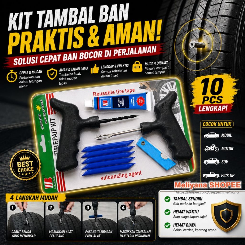 Alat Tambal Ban Tubeless Set Reparasi Ban Bocor Mobil Motor Lengkap dengan Lem Vulkanisir
