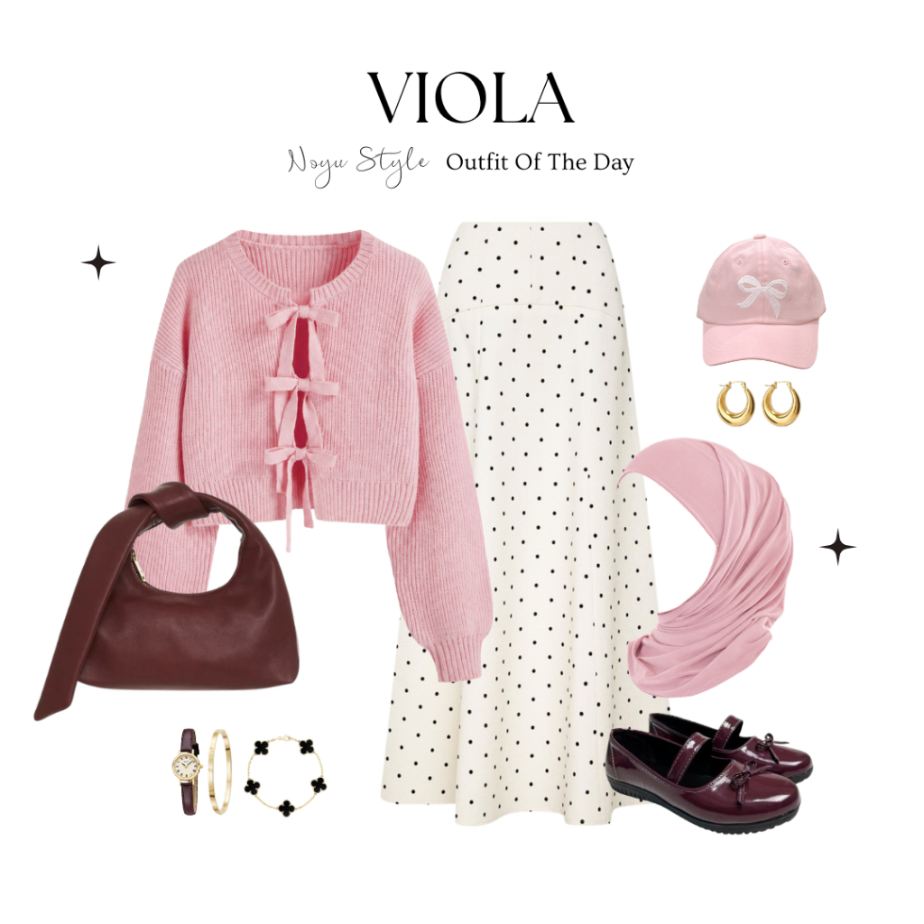 Set Viola 3in1 Remaja Kekinian - Rok Polkadot - Hijab Bella Square - Cardigan Luvwel Dusty - Rok Duy