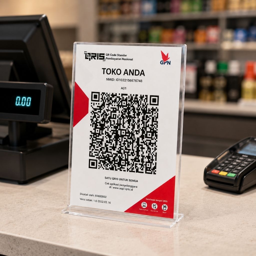 CETAK STAND AKRILIK QRIS KODE QR MODEL L SEHARI SIAP