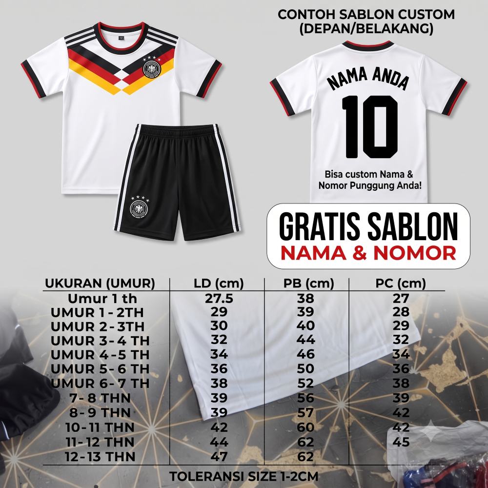 Setelan Baju Sepak Bola Anak Motif Jerman Putih Hitam Dengan Sablon Nama Nomor Gratis