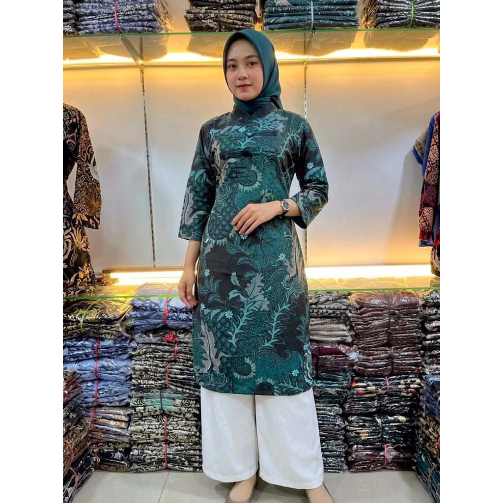 batik wanita model tunik hijau emerald