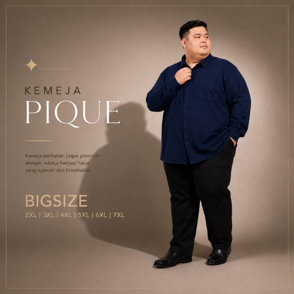 Kemeja Pique Bigzie Lengan Panjang Navy Atasan Jumbo Premium