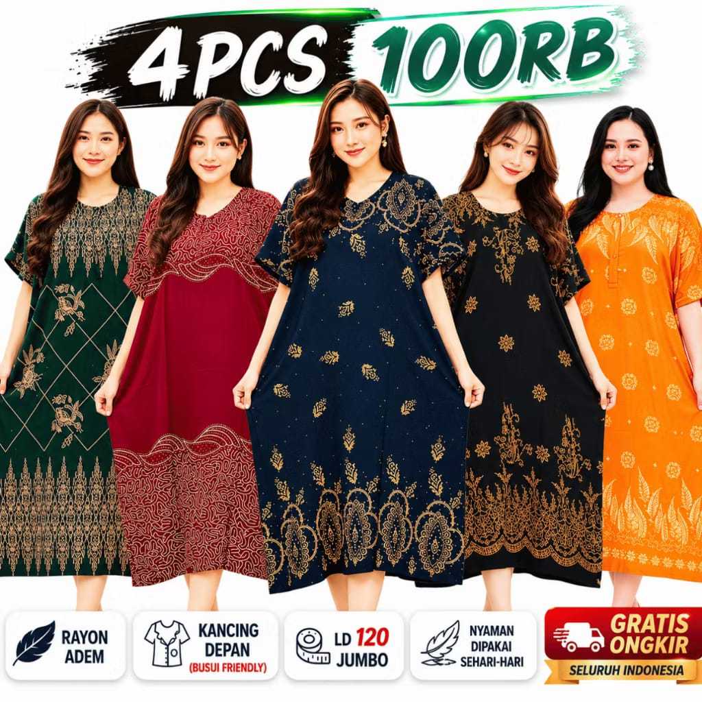 Daster Wanita Jumbo 4 Pcs - Bahan Adem, Ukuran Besar, Motif Acak 100RIBUAN COD