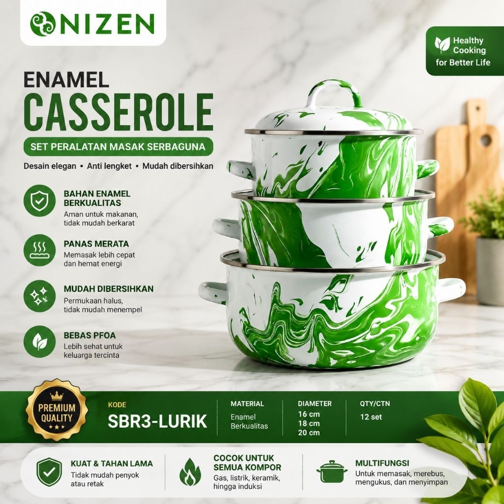Casserole Set Panci Enamel Lurik Ayam 3susun dengan Tutup Kaca