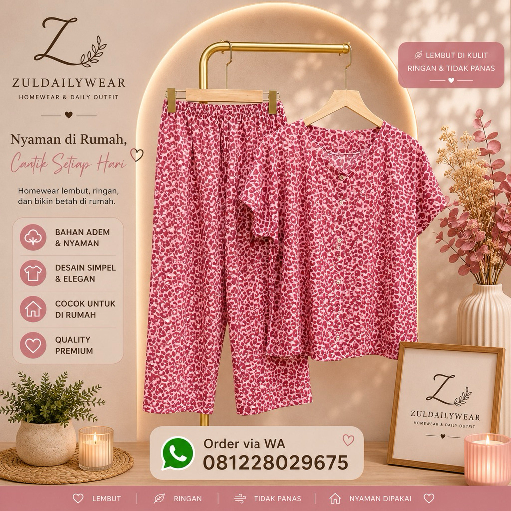 one set piyama lengan pendek celana 7/8 leopard pink bahan adem busui friendly kancing aktif sampai 