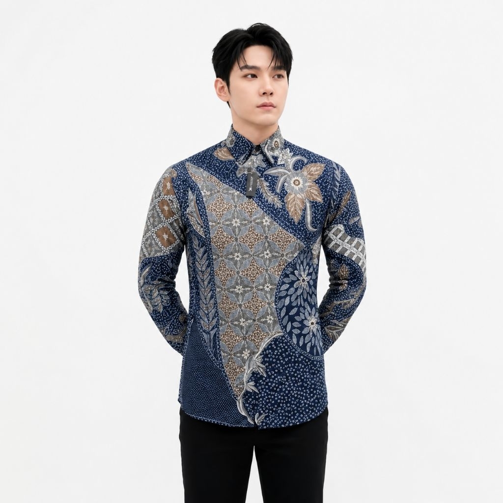 Monalisa Batik Store - Biru Langit  Batik Pria Lengan Panjang Slimfit Premium