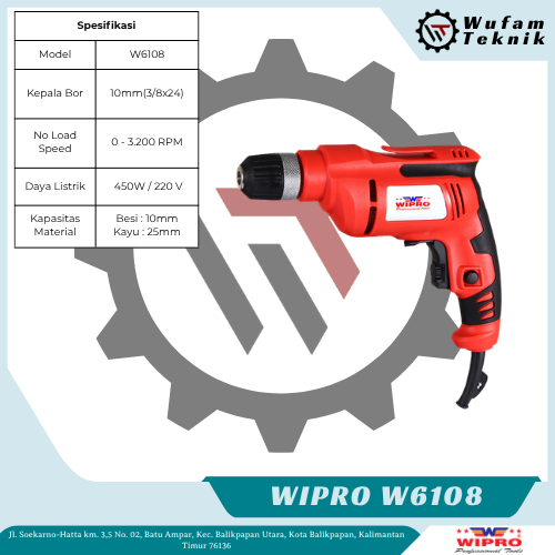 Mesin Bor Tangan Listrik Wipro W6108 Kepala Keyless Chuck 10mm Besi Kayu Original