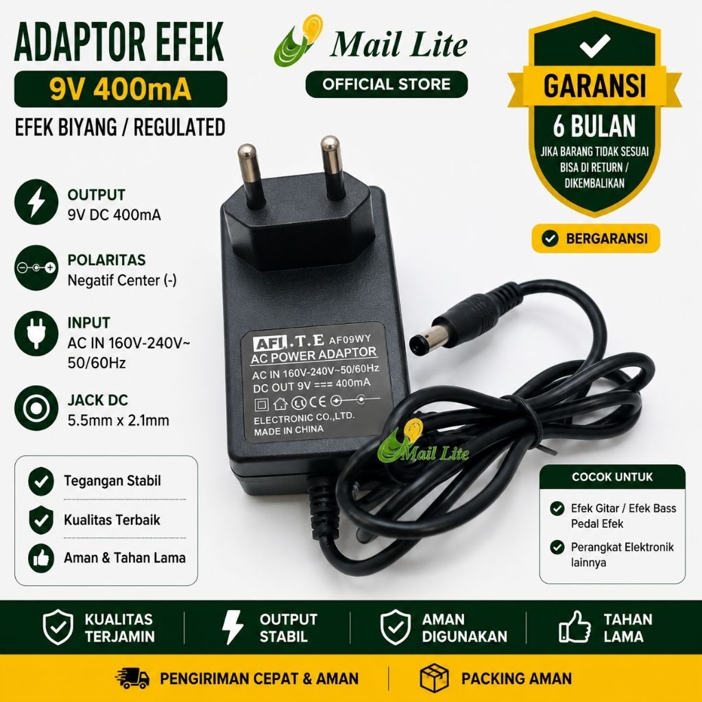 Adaptor Efek Biyang 9V 400mA Efek Regulated Negative Center
