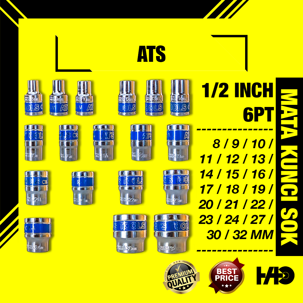 ATS Mata Kunci Sok CrV 1/2 inch 6PT Uk. 8-32 mm / Mata Shock Stang L Ratchet | HD CrV Ratchet Socket