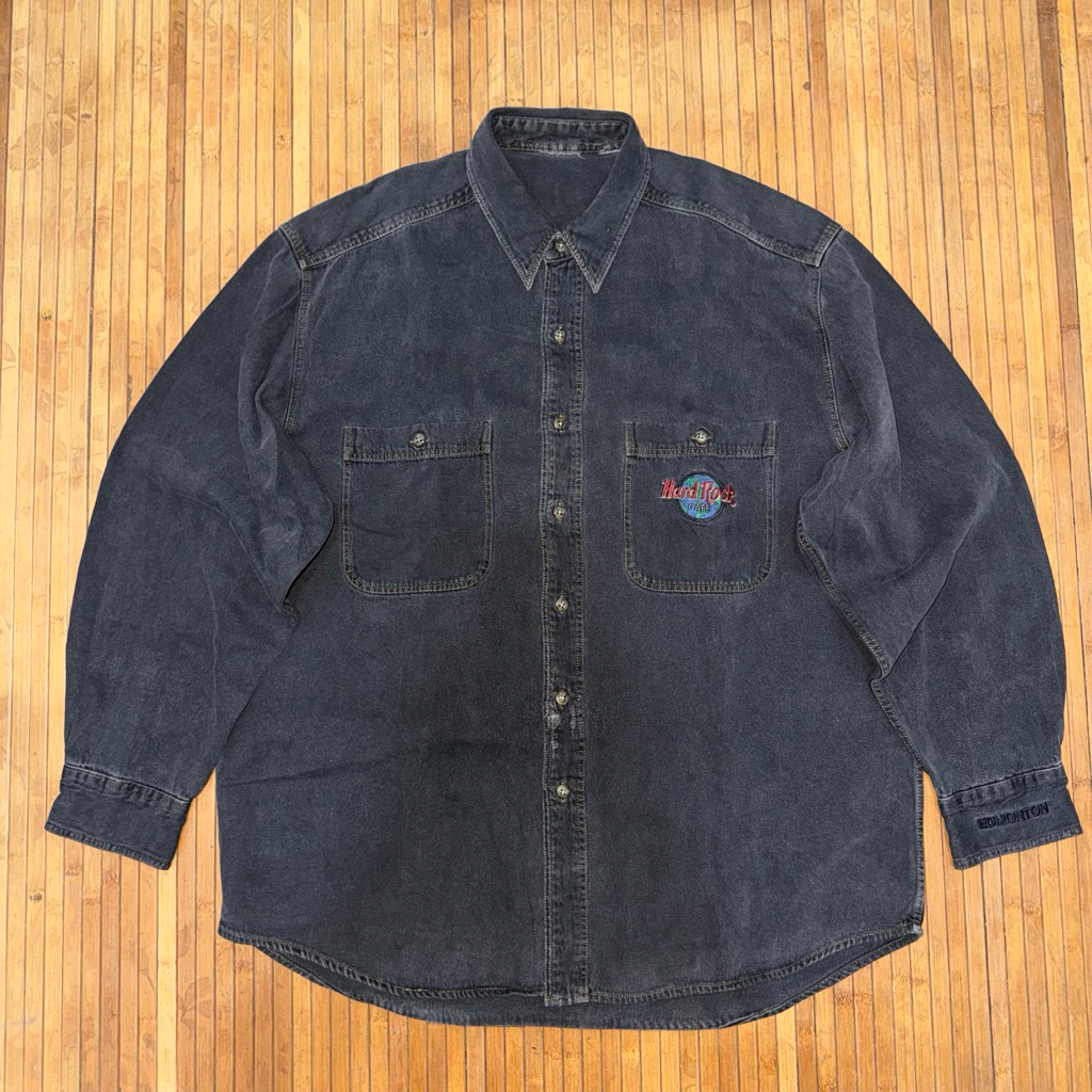 VINTAGE 90s HARD ROCK CAFE DARK WASH EMBROIDERED LOGO LONG SLEEVE WORKWEAR SHIRT dickies 874