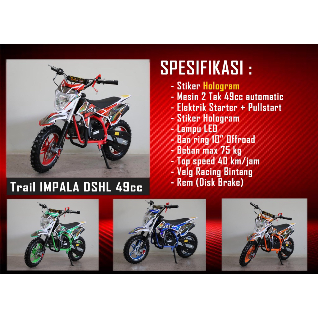 MOTOR MINI TRAIL 50CC IMPALA DOUBLE STARTER DOUBLE KNALPOT LAMPU DEPAN MESIN 2TAK