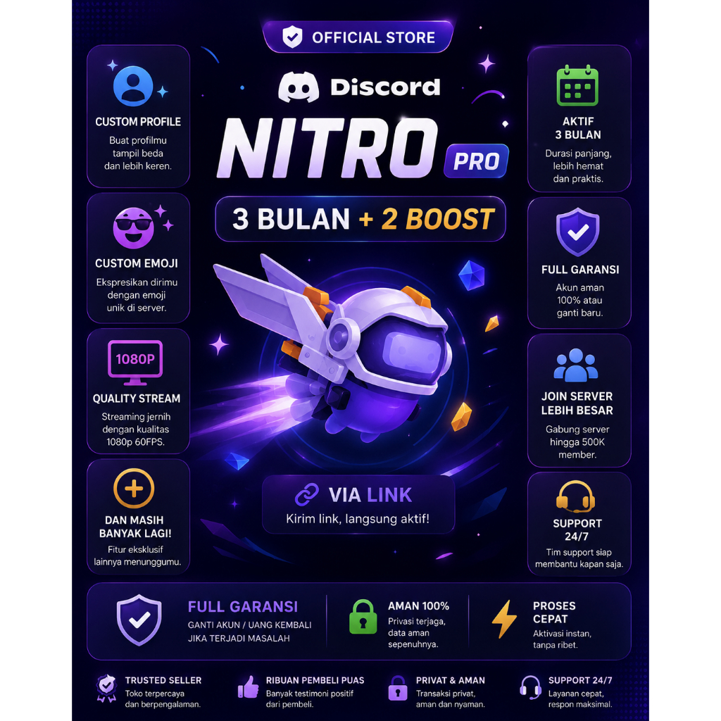DISCORD NITRO PRO 3 BULAN + 2 BOOST FULL GARANSI RESMI LEGAL AMAN
