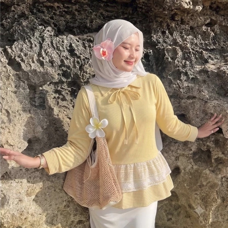 NAYEON Collar Ribbon Lace Knit Top -02 Atasan wanita nayeon collar lengan panjang TERBARU