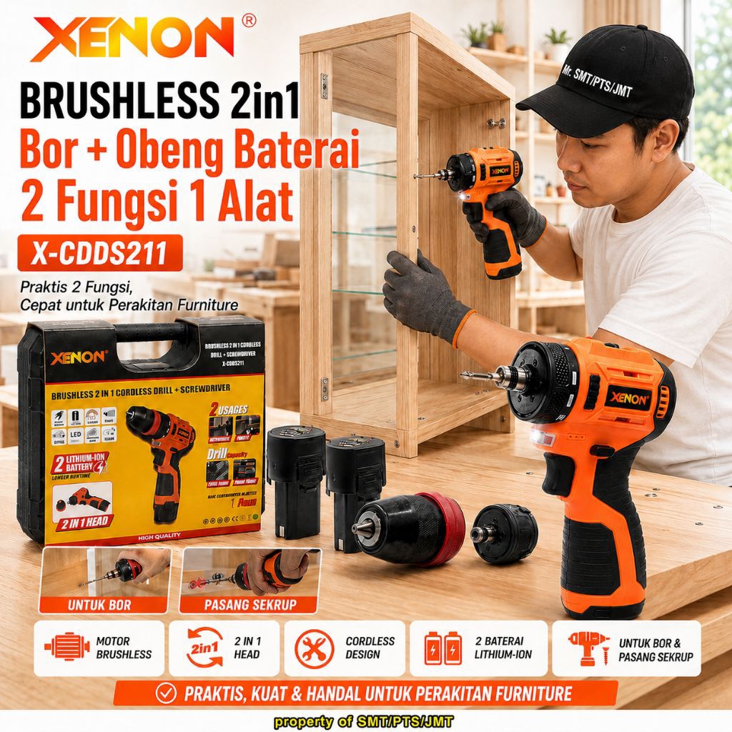 Bor + Obeng Baterai 2 Fungsi Brushless XENON CDDS2I1 2 in 1  Cordless Drill + Screwdriver