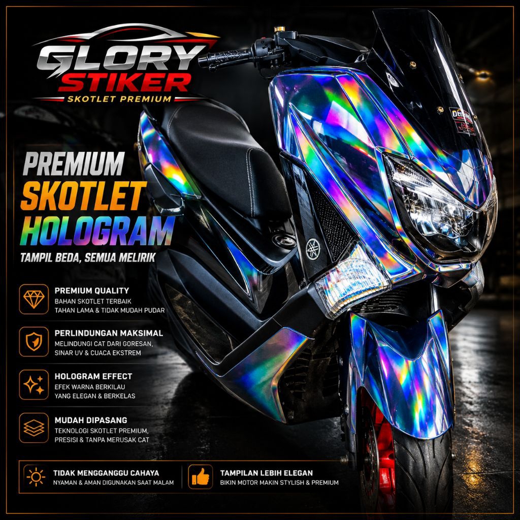 Stiker Skotlet Hologram Putih Pelangi Chrome Bunglon Motor Premium Lebar 50cm