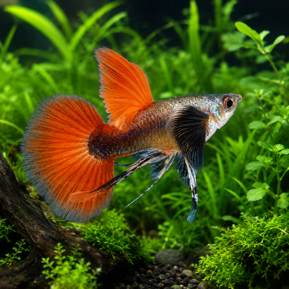 PRTDE RIBBON - Ikan Guppy PRTDE Ribbon - Platinum Red Tail Dumbo Ear Dasi