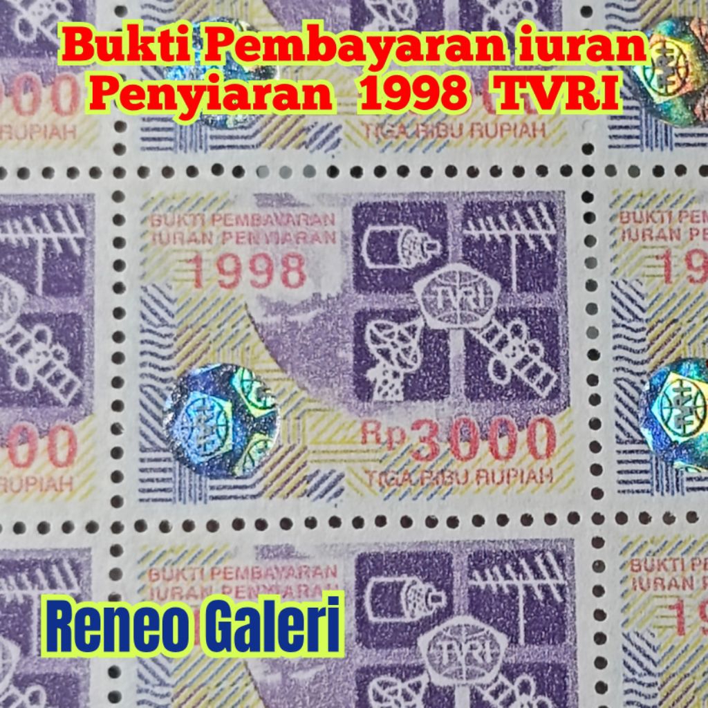 1 biji Bukti Pembayaran Iuran Penyiaran Materai TVRI Rp 3000 Rupiah Tahun 1998 asli kuno lama jadul 