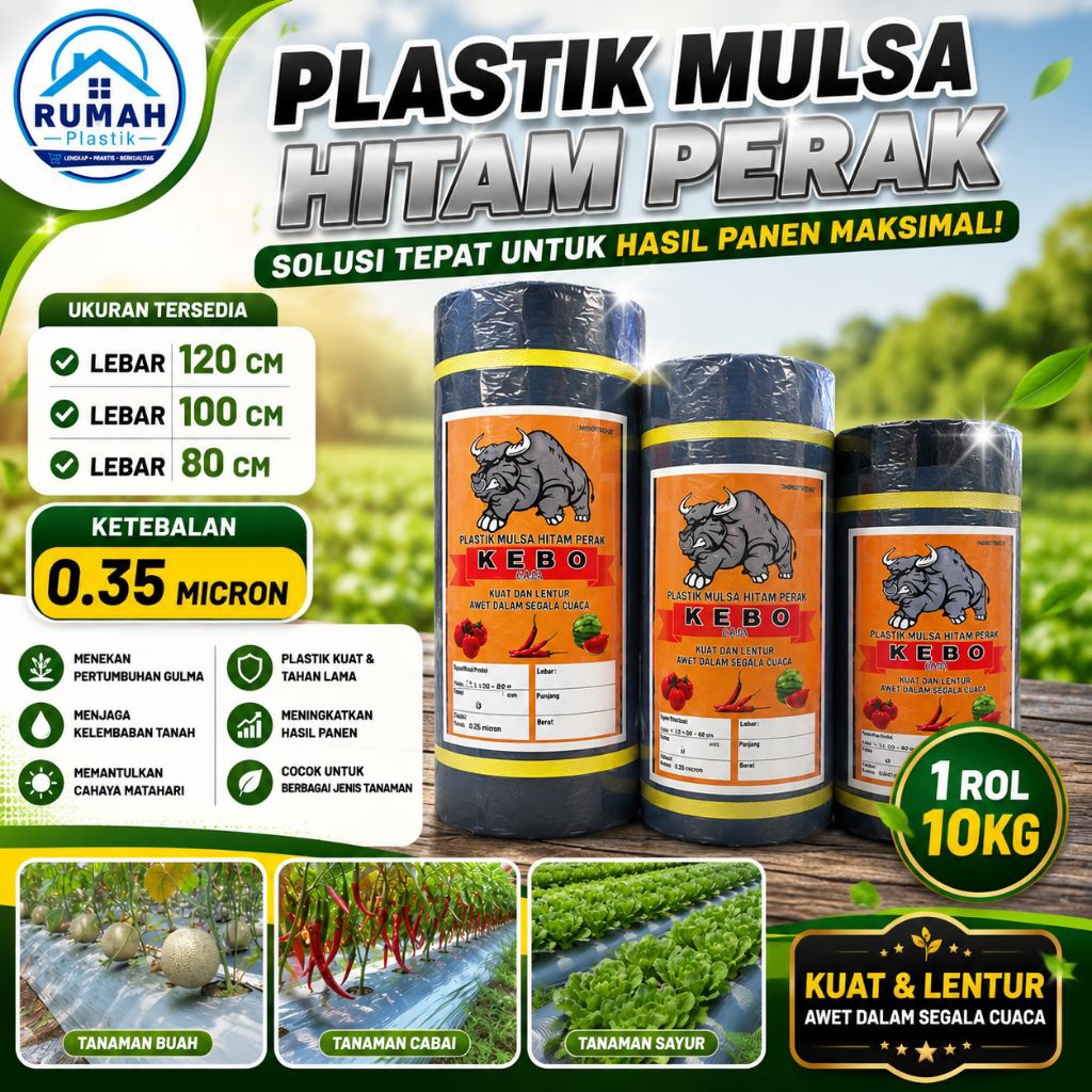 PLASTIK MULSA HITAM PERAK 1 ROL 10KG LEBAR 120CM 100CM 80CM 60CM KETEBALAN 0,35 MICRON