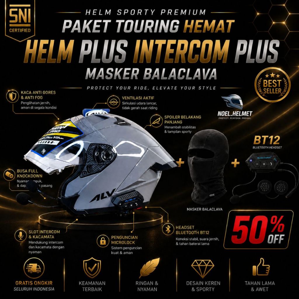 PAKET TOURING HEMAT HELM ALV ULTRON PRO 100% ORIGINAL + HEADSET BLUETOOTH BT-12 + BALACLAVA GXT | HE