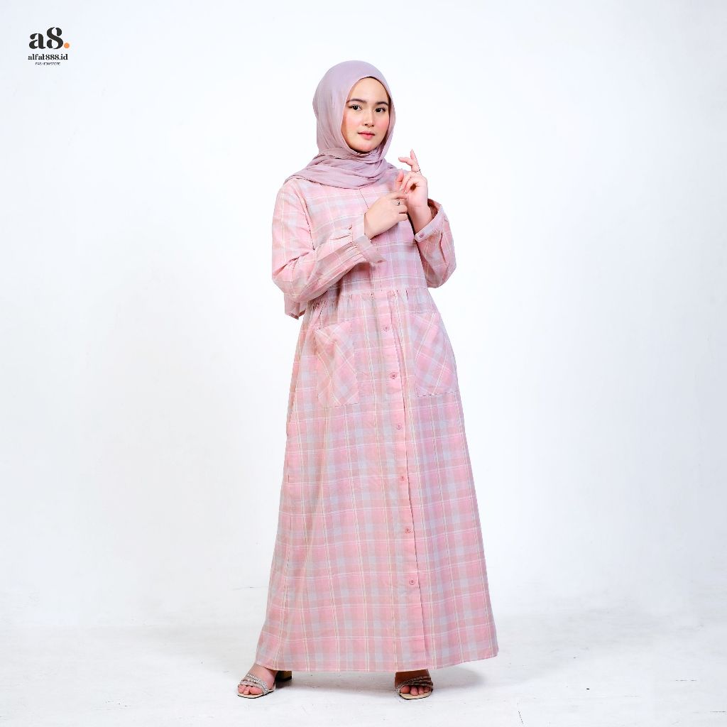Alfath Elyana Dress Gamis Syari Modis Bahan Katun Zara Motif Kotak Panjang Wanita Muslimah Stylish K