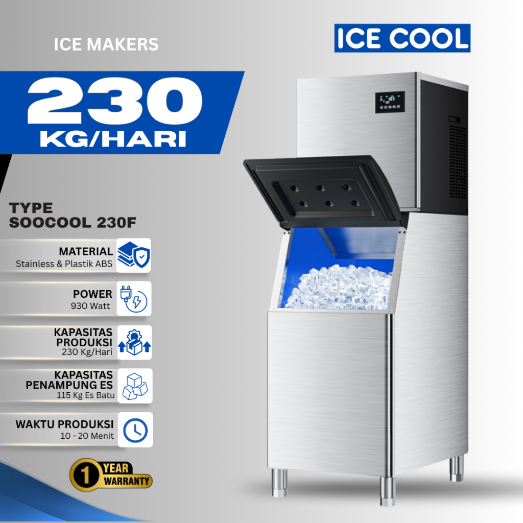 ICECOOL Mesin Pembuat Es Kristal Komersil Kapasitas 220 Kg, Hemat Daya Mesin Es Cube Untuk Usaha Caf