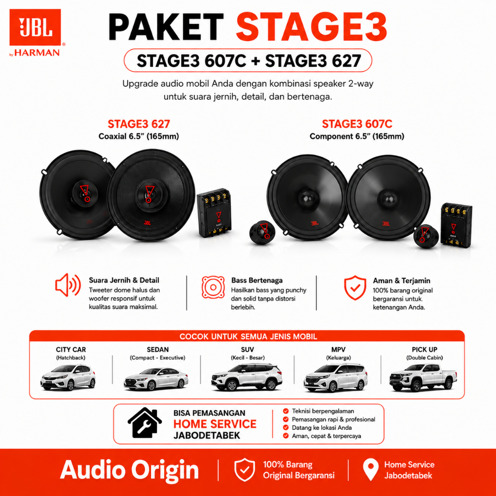 Paket Audio JBL Stage3 607C Componen & Stage3 627 Coaxial Audio Mobil Original