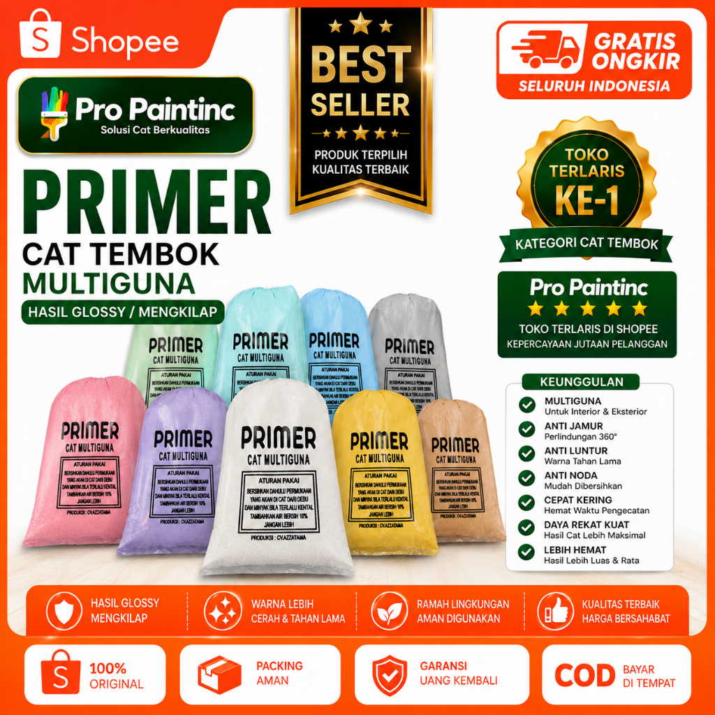 PRO PAINT Cat Tembok R umah Kiloan Primer Glossy Mengkilap dan Anti Air 1 Kg