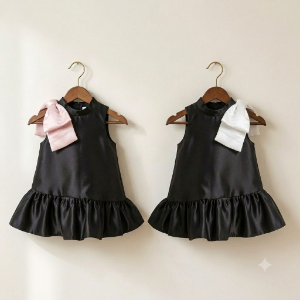 Lequince - Dress Pesta Anak Hitam - Gaun Anak Aksen Pita Pink Putih - Baju Anak Korean Style