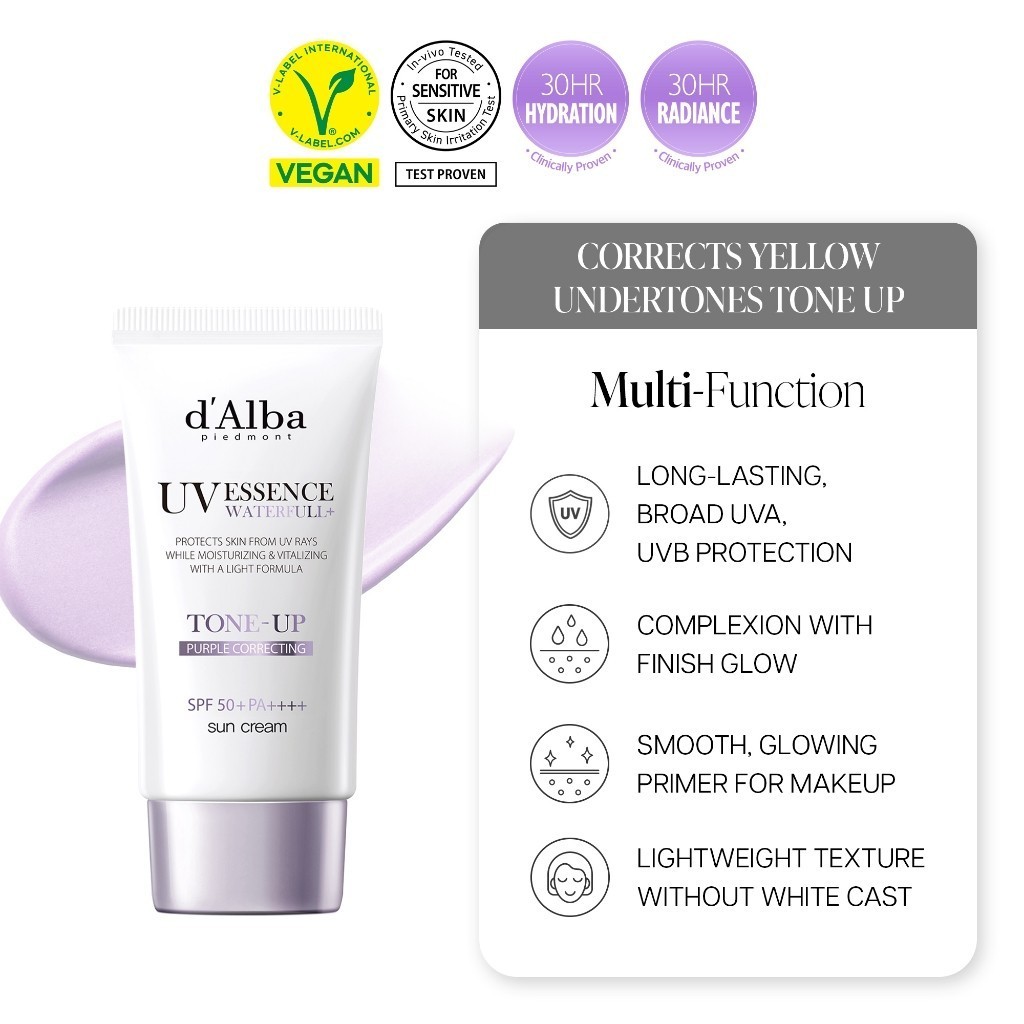 D'Alba UV Essence Waterfull Tone Up Purple Correcting SPF 50 50ml – Sunscreen Tone Up & Brightening 