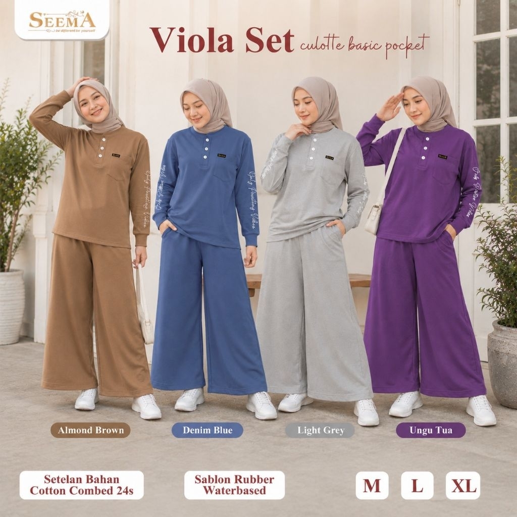 Po‼️ Seema Set Viola Kaos Panjang Pocket Kulot Remaja Dewasa M - Xl Daily Combed Premium /Terbatas