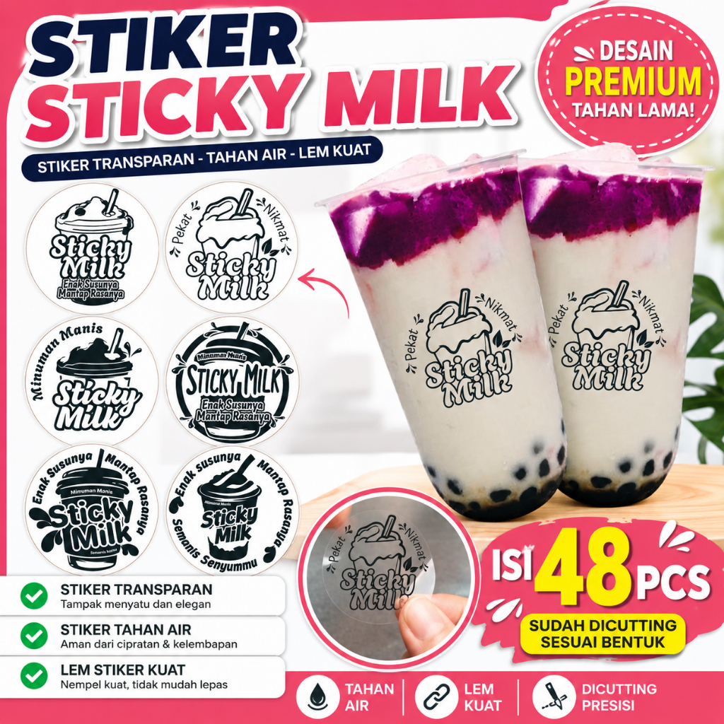 Stiker label cup minuman | stiker minuman sticky milk | stiker label cup sticky milk