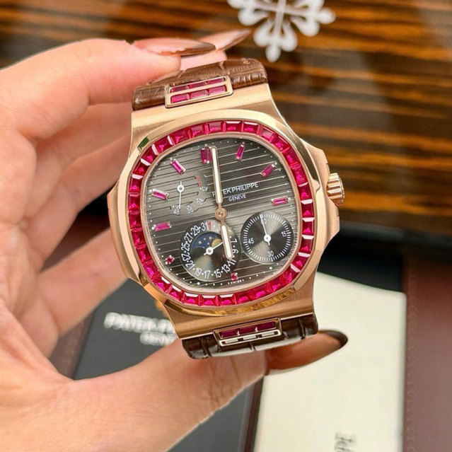 JAM TANGAN PRIA/COWOK PATEK PHILIPPE MOONPHASE LEATHER BROWN DIAMOND AUTOMATIC CLONE 1:1 GRF #Jamtan