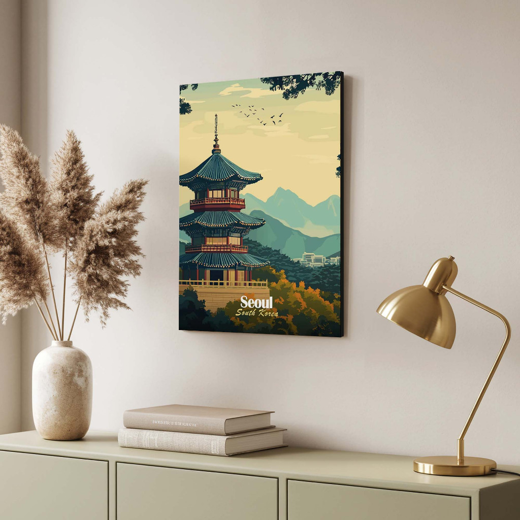 Poster Dekorasi Seoul South Korea Ilustrasi Pagoda Bergaya Retro Minimalis