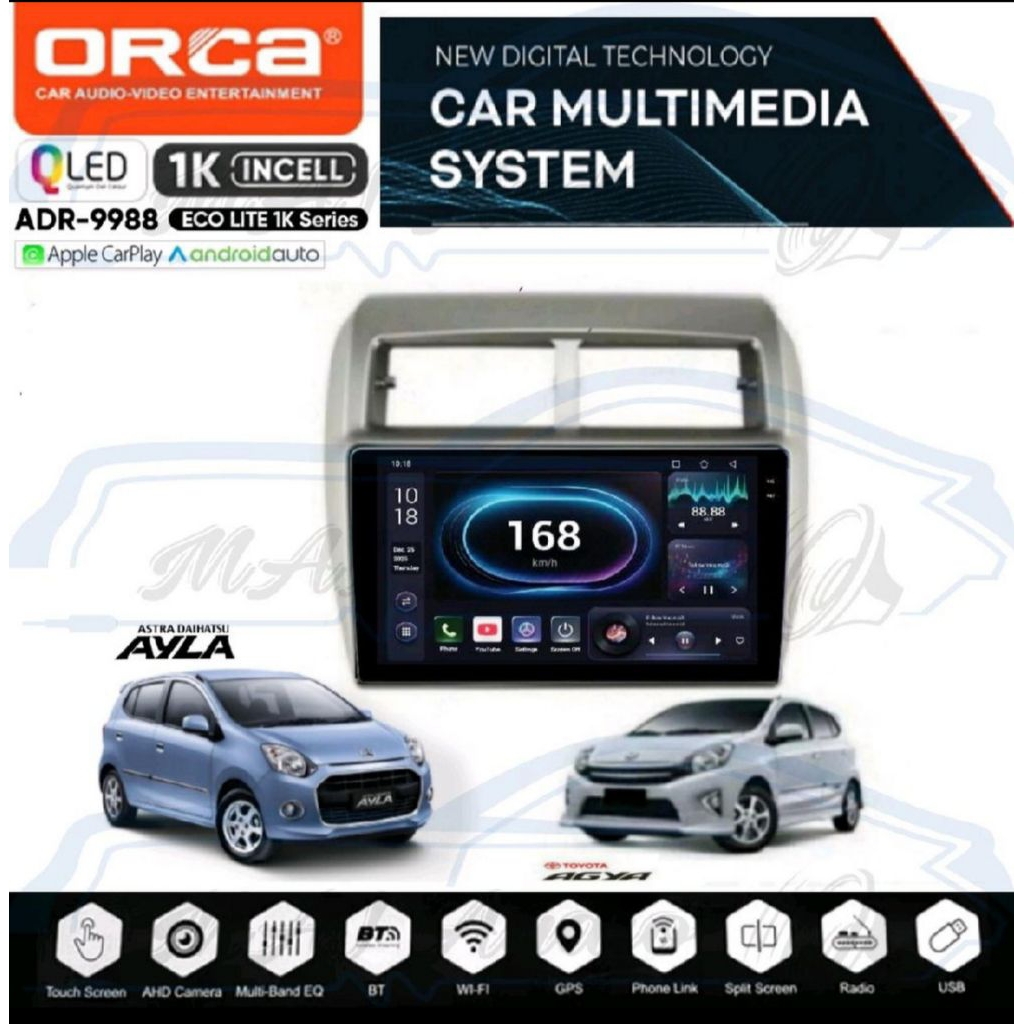 HEAD UNIT TAPE TV MOBIL ANDROID MERK ORCA/DHD/SKELETON UNTUK TOYOTA AGYA/DAIHATSU AYLA LAYAR 9 INCH