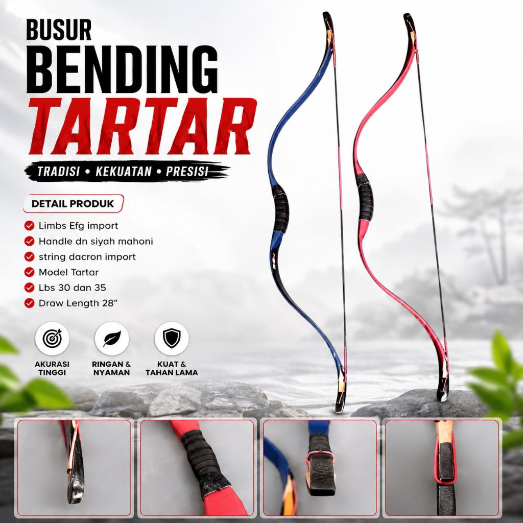 Busur Bending Tartar 30 & 35 LBS Busur Panahan Tradisional Horsebow Draw Length 28 Inch