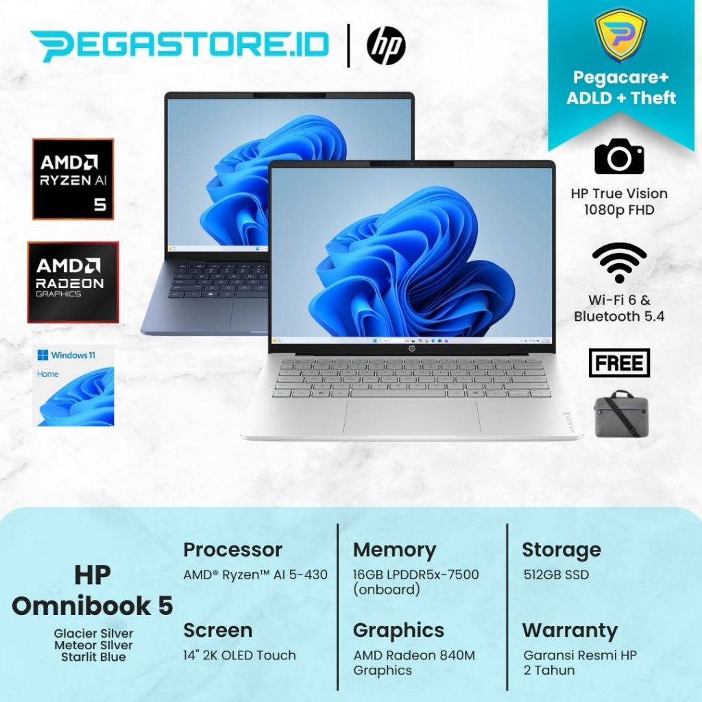 HP OmniBook 5 Next Gen AI 14-hm0315AU Glacier Silver/Meteor Silver [Ryzen AI 5 430/16GB LPDDR5X-7500