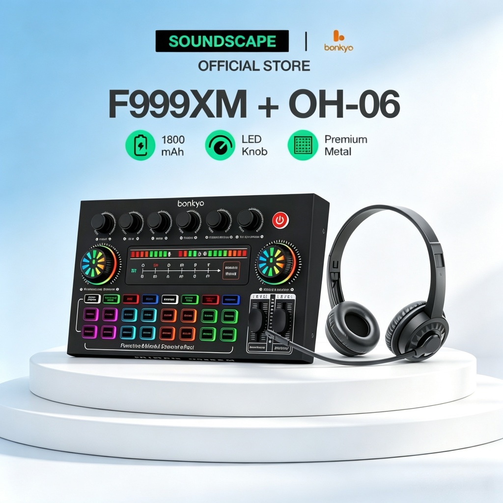 Soundscape Sound Card F999XM Headset OH-06 Lengkap Efek Suara Pengubah Vokal 1800mAh untuk Karaoke