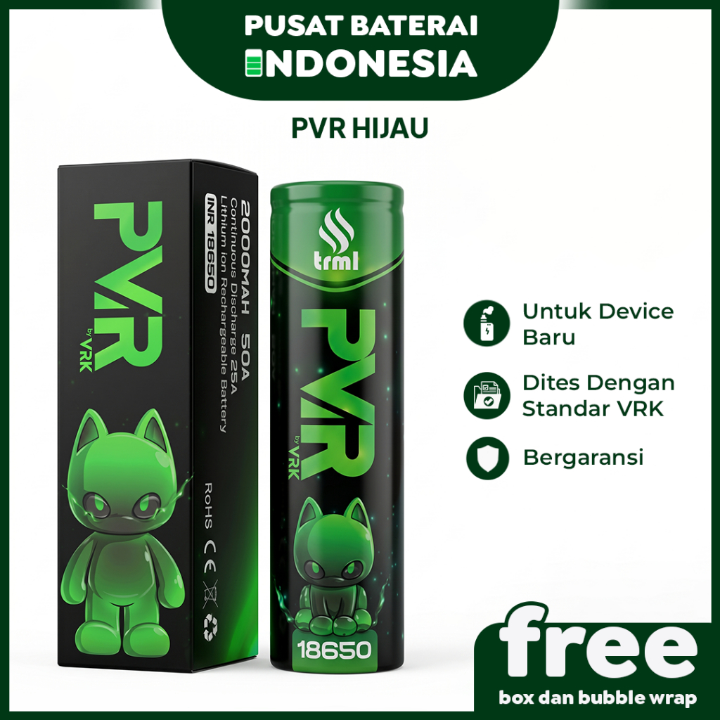 BATERAI 18650 BATTERY 18650 VRK 18650 VRK 2000 PVR HIJAU