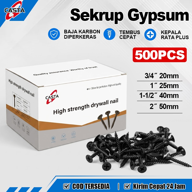 CASTA Set Sekrup Gypsum Hitam M3.5 Baut Skrup Kayu Drywall Screw Anti Karat Kepala Rata Plus untuk R