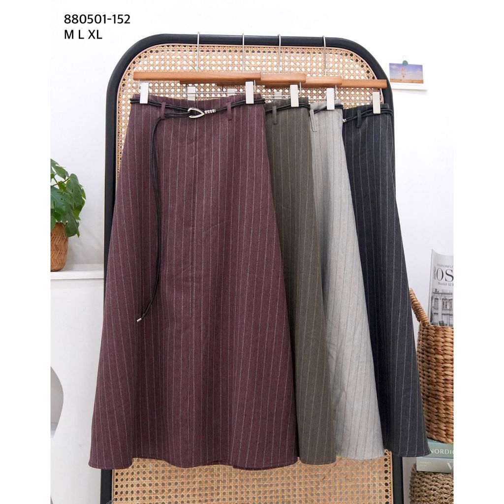 Rok Panjang Semi Wool Salur Wanita | Rok A-Line Formal Casual | Rok Kantor High Waist Belt | Rok Pan