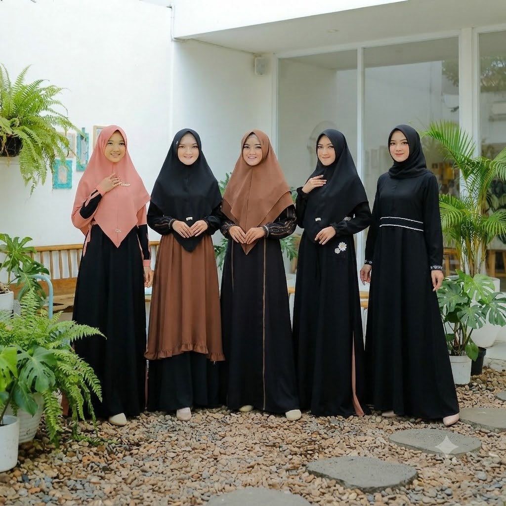 GAMIS WANITA SET HIJAB KONDANGAN HITAM KEKINIAN CASUAL ELEGAN - BUSANA MUSLIM DRESS BLACK SET JILBAB