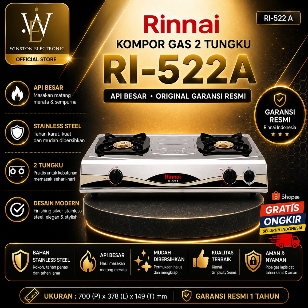 KOMPOR GAS RINNAI 2 TUNGKU RI-522 A/RI-522A/RI522A/RI 522A/RI 522 A/API BESAR/ORIGINAL GARANSI RESMI