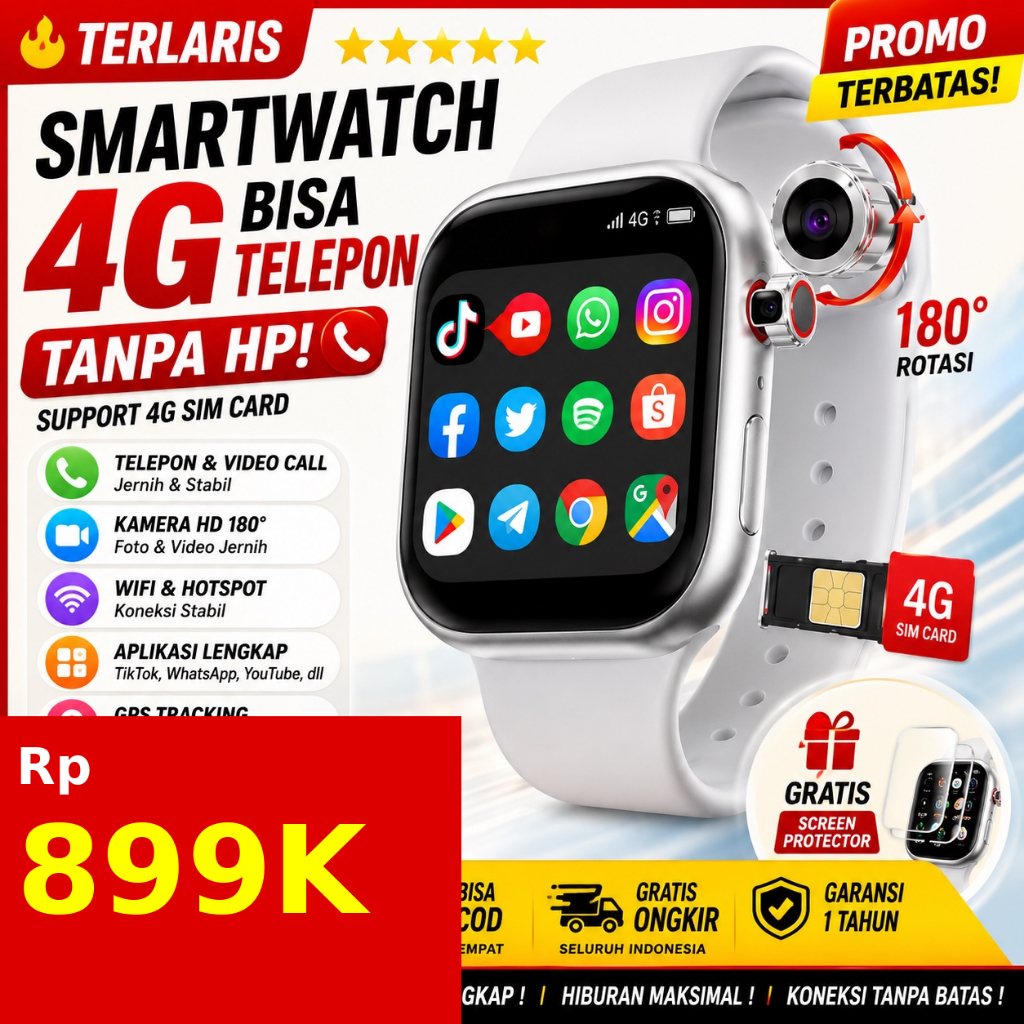 HEART OF SKY Jam Tangan Pintar 4G – Tanpa HP Bisa Telepon, WhatsApp, YouTube, TikTok + PlayStore, La