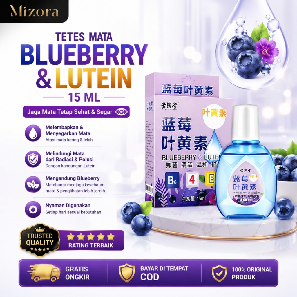 Tetes Mata Blueberry & Lutein 15ml Mizora | Eye Drops untuk Mata Kering, Lelah & Menjaga Kesehatan M
